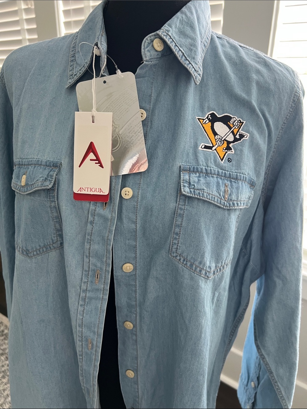 Antigua Light Blue Denim Button-Down Shirt with Pittsburgh Penguins Patch